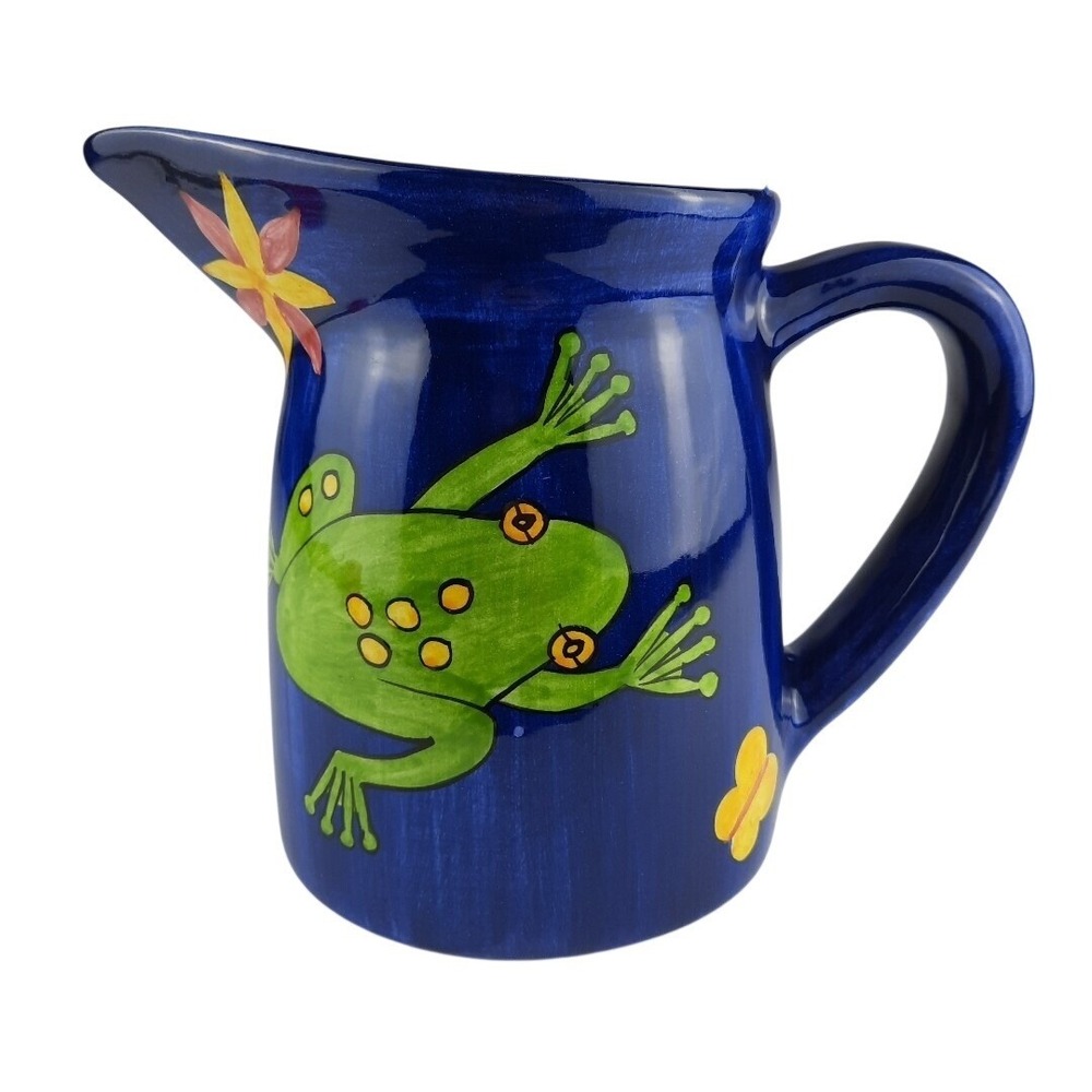 Laurie Gates Water Pitcher Frog Toad Butterflies Nature Blue 7" Tall EUC